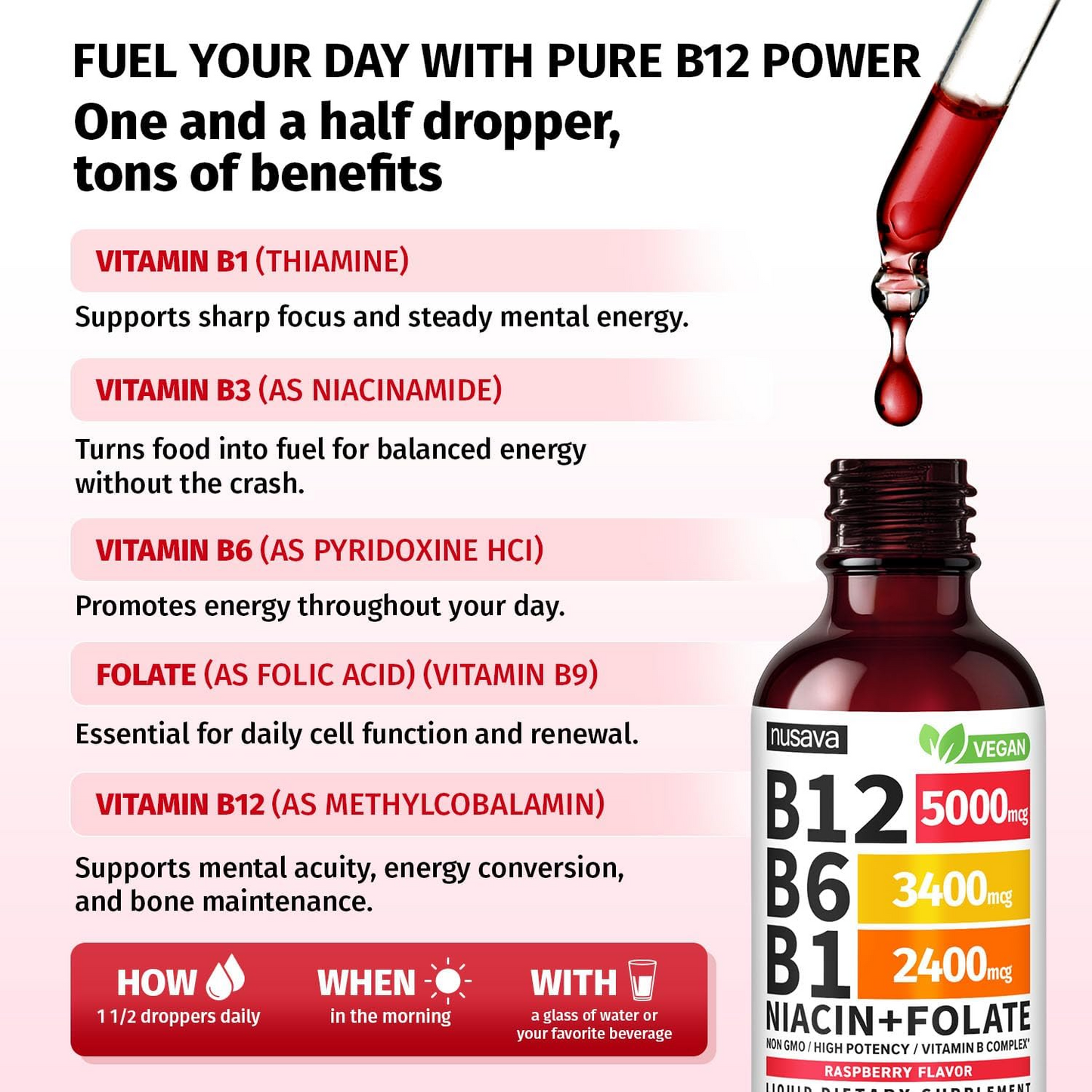 NUSAVA (2 Pack) Vitamin B12 Liquid Drops with B6, B1, Niacin & Folate