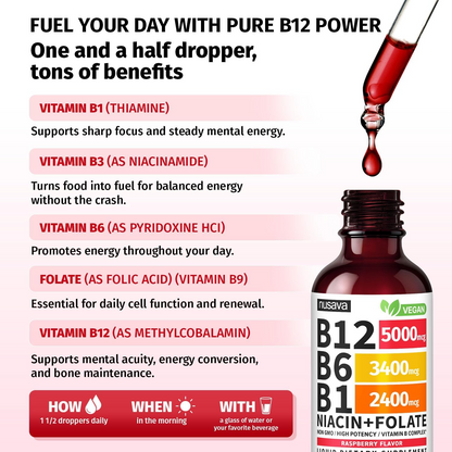 NUSAVA (2 Pack) Vitamin B12 Liquid Drops with B6, B1, Niacin & Folate