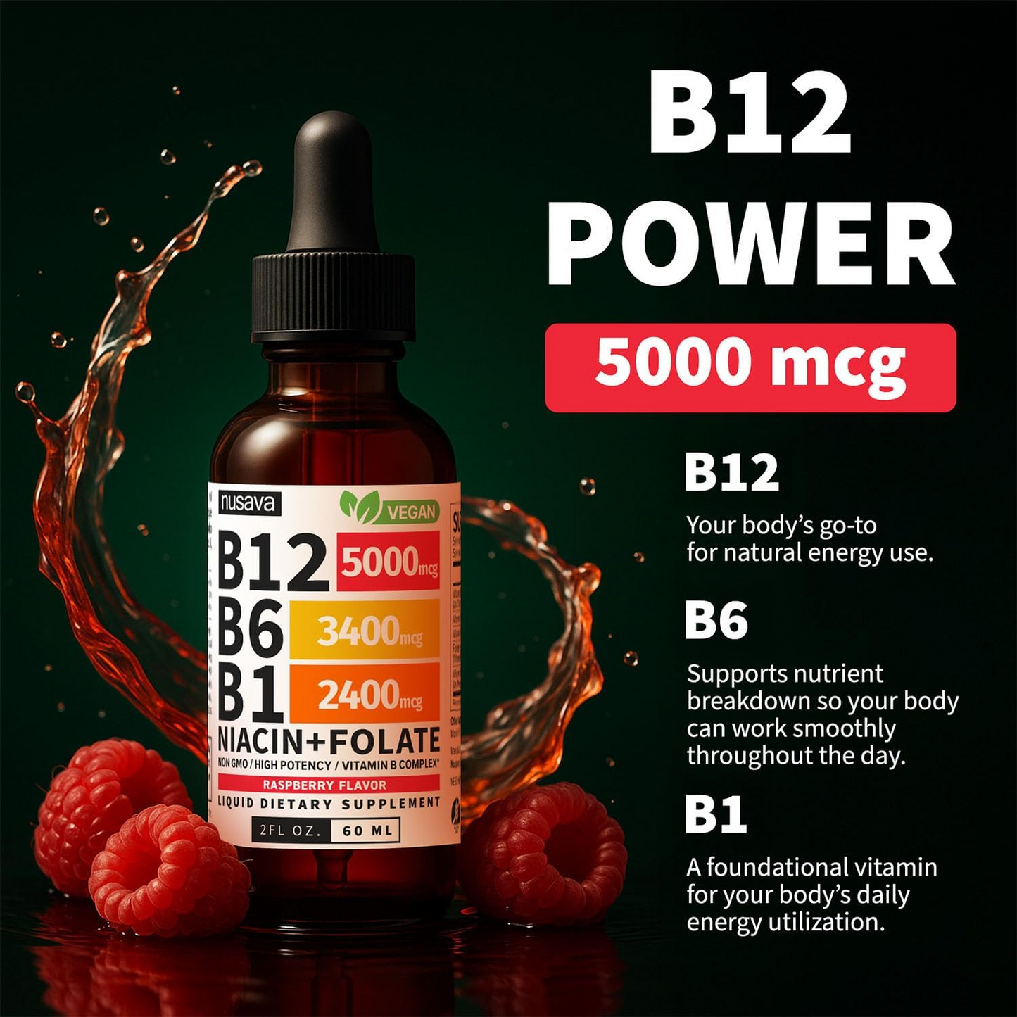 NUSAVA (2 Pack) Vitamin B12 Liquid Drops with B6, B1, Niacin & Folate