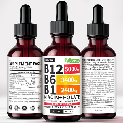 NUSAVA (2 Pack) Vitamin B12 Liquid Drops with B6, B1, Niacin & Folate