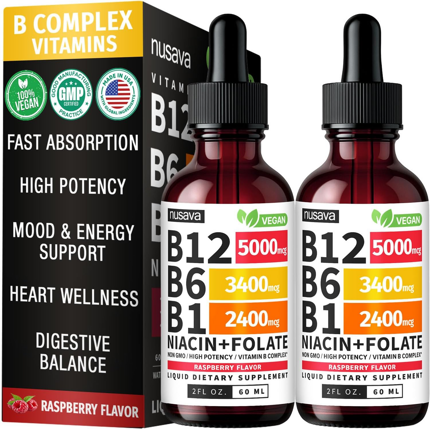 NUSAVA (2 Pack) Vitamin B12 Liquid Drops with B6, B1, Niacin & Folate